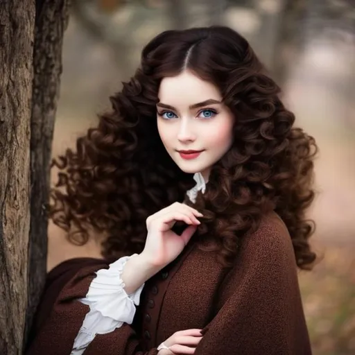 Prompt: Woman Dark brown long hair with pale skin,blue eyes, with 30 years, holding ,a little girl, red curly hair,18th century aesthetic