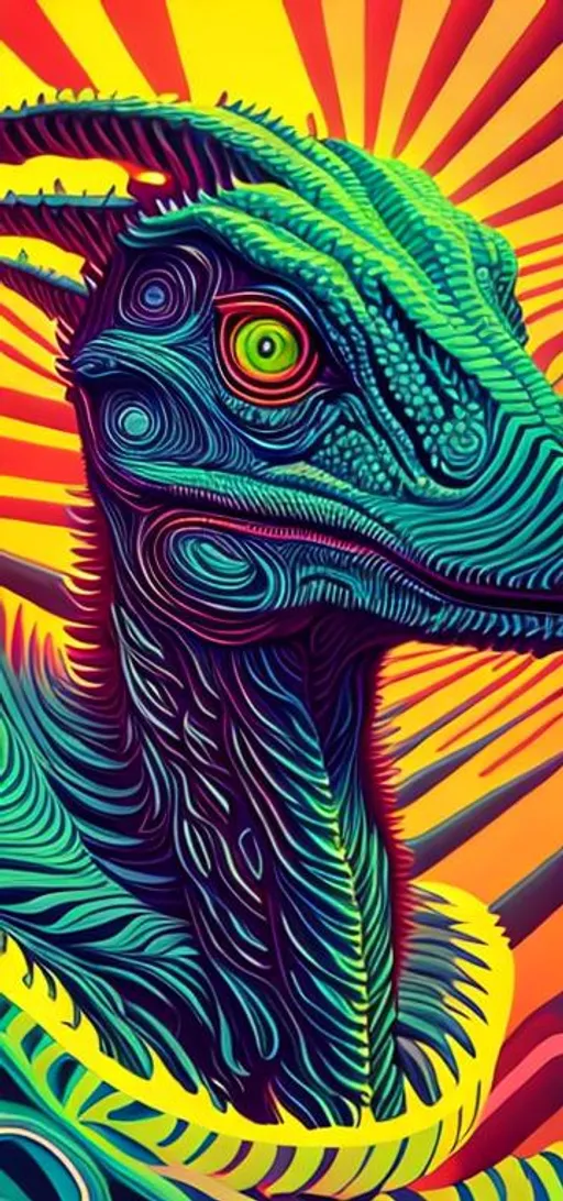 Prompt: Hypnotic illustration of a Velociraptor, hypnotic, psychedelic art, pop surrealism,mystical, Behance, 4k, 8k, UHD, professional, studio lighting, unreal engine