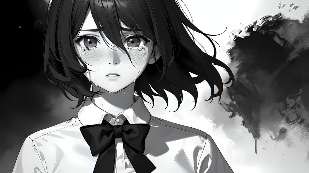 Prompt: ((best quality)), ((illustration)), ((masterpiece)), ((upper body)), digital portrait, 3D, unreal engine, highres, photorealistic, 1girl, anime girl, monochrome, black & white, no shadow ink, crying, sorrow, sad, scream, eyes with tears, scream, tears, wet eyes, wet face, averting eyes, lack background, blush, bow,  bowtie, collared shirt, greyscale, messy hair, parted lips, shirt, short sleeves,  solo, upper body