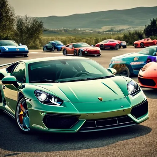 Prompt: lambo and porsche and ferrari and fiat and  volkswagen and jeep and ford in one car

