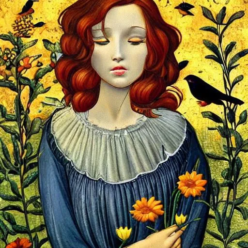 Prompt: auburn haired woman planting flowers with blackbirds black bird botticelli