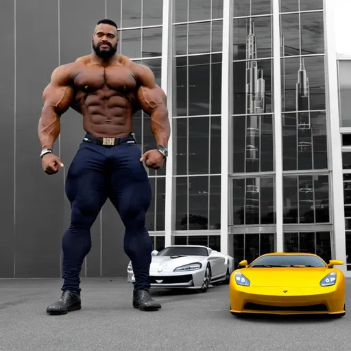 Prompt: 30 foot tall bodybuilder vs  200- foot and  7 foot tall bodybuilders, wall for scale , cars