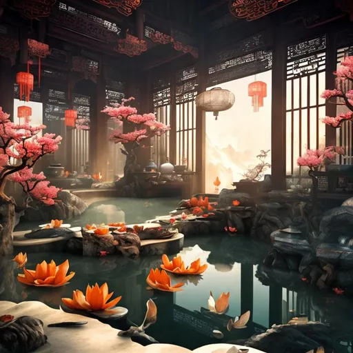 Prompt: Fantasy chinese kitchen, chinese food, water floor flows, flowers