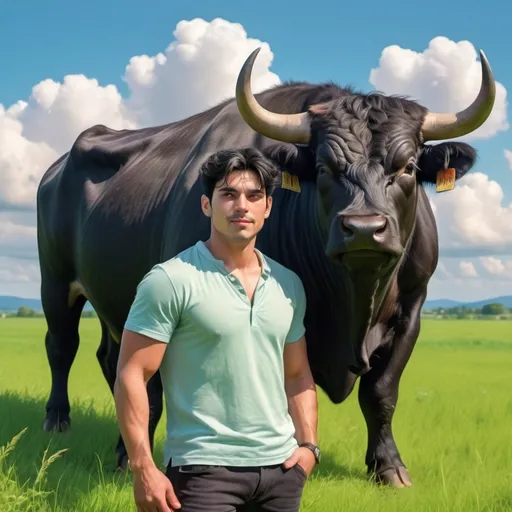 Prompt: Black-haired guy with (dark black eyes), standing in a serene (lush green field), a strong bull beside him, displaying companionship, vibrant overhanging blue sky with soft fluffy clouds, warm sunlight illuminating the scene, giving it a lively and cheerful atmosphere, high detail, (4K quality), nature background radiating tranquility and harmony.