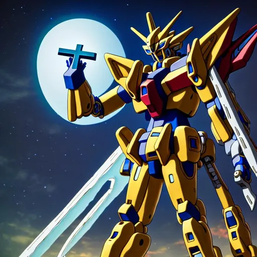 Prompt: 
8k, hdr, godly ultimate elaborate gundam holding firmly a highly detailed glowing big cross in his right hand and a glowing scythe in his left hand, beeple, alphonse mucha, global illumination, separate environment