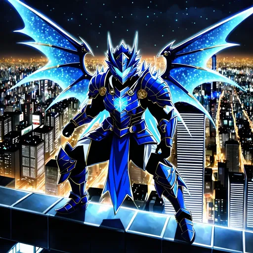 Prompt: anime, an evil, stount, heroic, all white spiked fully dragon armored ninja with a glowing blue gem in his chest and knees, with glowing blue luminescent see through wings made of blue energy with small golden sparkles twinkling around them, standing at the edge of a skyscraper looking down at tokyo