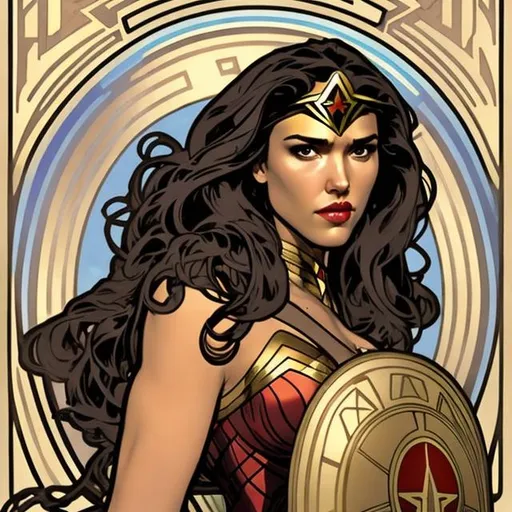 Prompt: Jessica Alba as Wonder Woman using a sword and shield by Alphonse Mucha