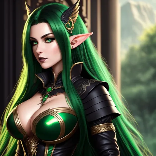 Prompt: A hyper realistic detailed character poster ((full body)) image of a half-elf masked ((sexy woman)),  with ((sexy clothes)) with ((dark green hair)) a gothic dress, jewelry set, balayage wild hair, highly detailed, digital painting, Trending on artstation, HD quality, ((by Prywinko)), ((very huge breast)), ((sexy)), high heels