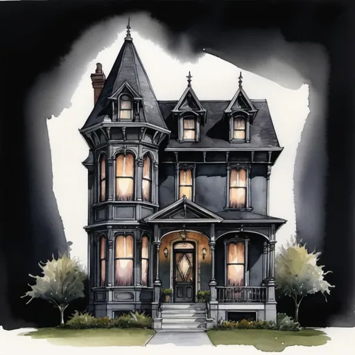 Prompt: Tiny queen Anne Victorian revival small house, narrow house, architectural hand sketch, watercolor painting, dark facade, contrast accent, front gable end, conceptual, highres, detailed, watercolor painting, gothic revival, architectural sketch, dark tones, contrast, conceptual art, atmospheric lighting