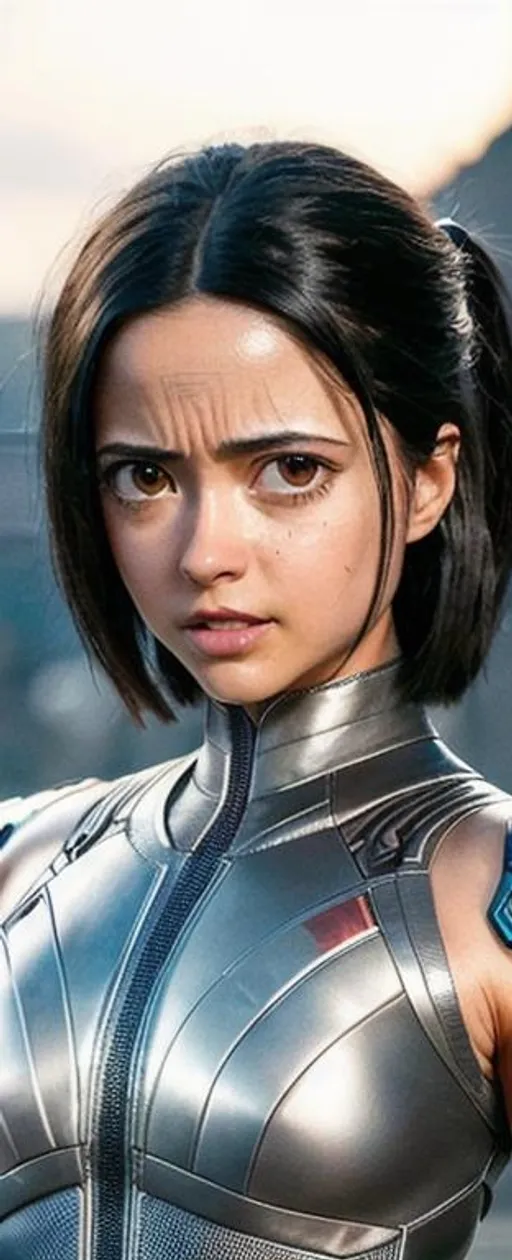 Prompt: 64K UHD Ultra-Realistic Ultra-Detailed Close-Up of Alita Battle Angel. Thin Form-Fitting Leather Suit over Toned Body. Bob-Styled Hair framing her Strikingly Beautiful Face Perfectly, with Brown Almond-Shaped Eyes, Straight Nose, High Cheekbones, Small Rounded Chin. Flawless Skin Glistening with Sweat