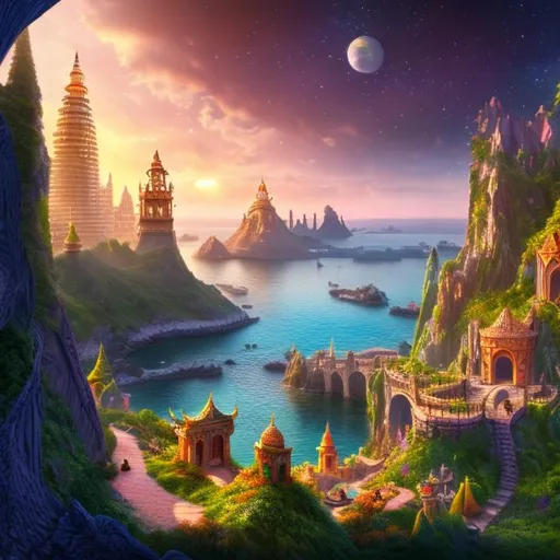Prompt: Elf city inside a crescent shaped bay, single island in the bay with a beautiful tower rising from it, extremely detailed environment, detailed background, intricate,  natural colors , professionally color graded, photo realism, 8k