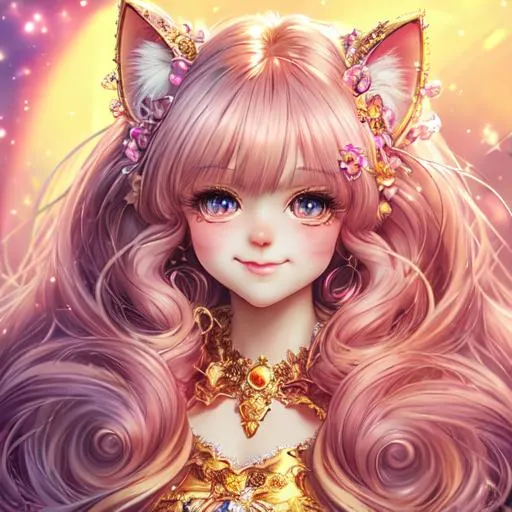 Prompt: Portrait Of A Cute Cat, Fluffy, Long Hair, Hyperdetalization Of Eyes, Lace, Beautiful Dress, Rhinestones, Sequins, Kind Face, Cute Smiles, Soft Facial Features, Thick Eyelashes, Jewelry, Lisa Frank, Anime, Anna Dittmann, Fantasy Art, Concept Art, Colourful Lighting, Golden Hour, anime Character Design, Unreal Engine, Vintage Photography, Beautiful, Tumblr Aesthetic, Retro Vintage Style, Hd Photography, Hyperrealism, Beautiful Watercolor Painting, Realistic, Detailed, Painting By Olga Shvartsur, Svetlana Novikova, Fine Art, Soft Watercolor