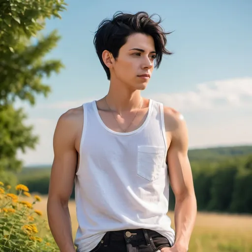 Prompt: Photo of androgynous man in white tank top and jeans, short black hair, nature background, fingers in jean pockets, high quality, sunny, fashionable, androgynous, sunny nature, white tank top shirt, jeans, short hair, stylish, casual, fingers in pockets, vibrant colors, professional lighting
