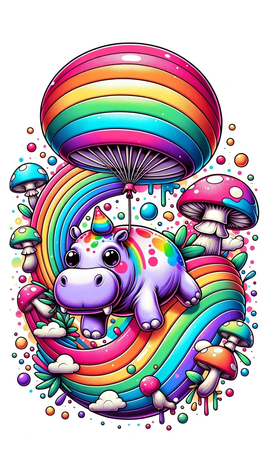 Prompt: rainbow hippo flying a balloon, pop surreal, splash art, cartoon mis - en - scene, mushroomcore