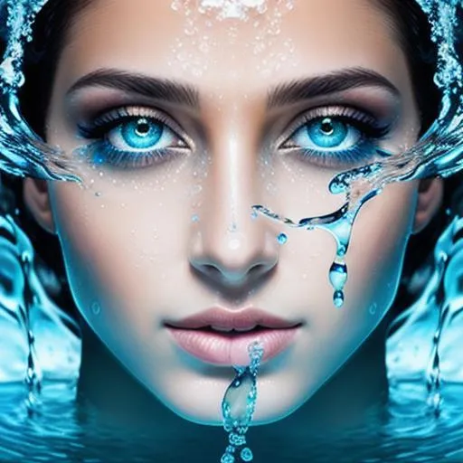 Prompt: Beautiful woman made of water, Realistic, fantasy art, Hyper detailed, Photo-realistic eyes, water splashing, enigmatic lighting