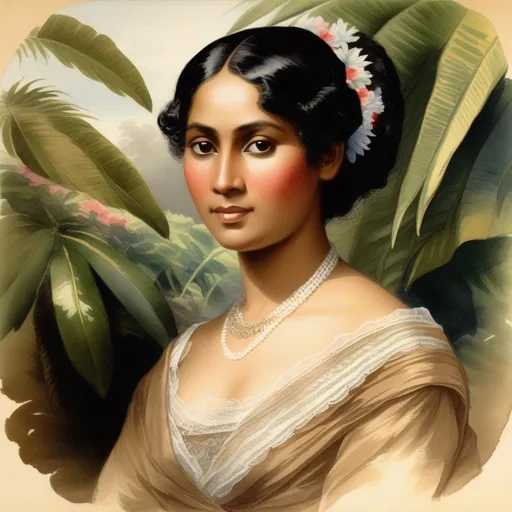 Prompt: (watercolor painting), portrait, half body, tropical garden, tropical flowers, beautiful Indonesian woman, (1870, Victorian clothes, lace shawl round shoulders), (round face, high cheekbones, almond-shaped brown eyes, epithanic fold, long wavy black hair, small delicate nose, slightly flattened nose bridge, wide nasal base, light tan skin), style Elizabeth Murray, Watercolor, trending on artstation, sharp focus, studio photo, intricate details, highly detailed, by greg rutkowski