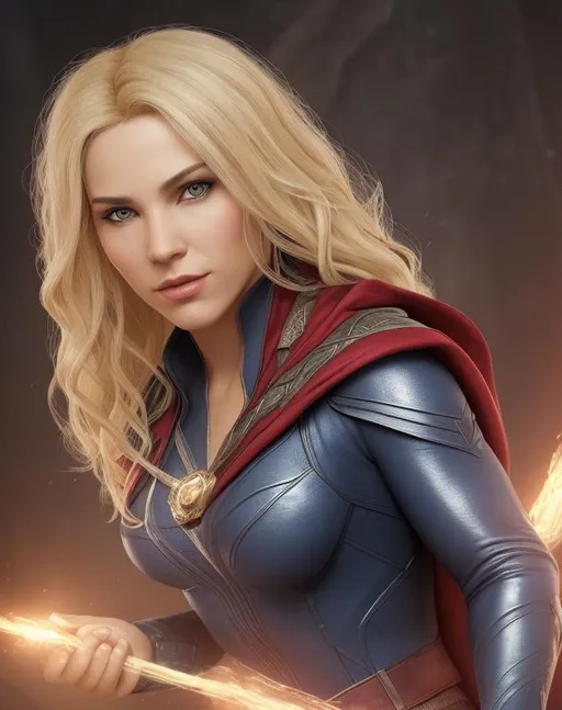 Prompt: super detailed lifelike 4d illustration of beautiful blonde female with large muscles in a fantasy environment dressed up like doctor strange