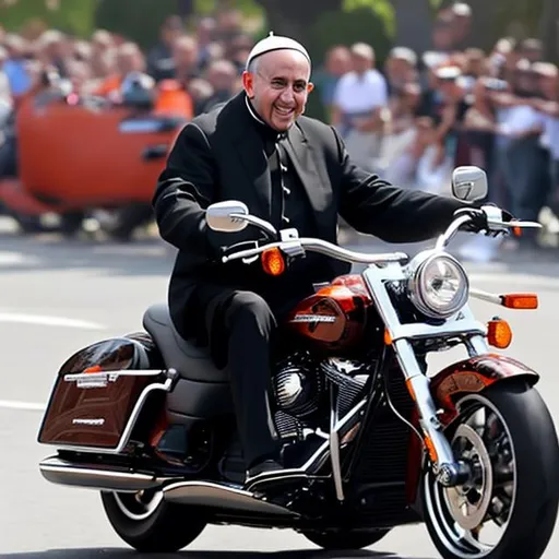 Prompt: papa francisco driving an harley davidson motorbike