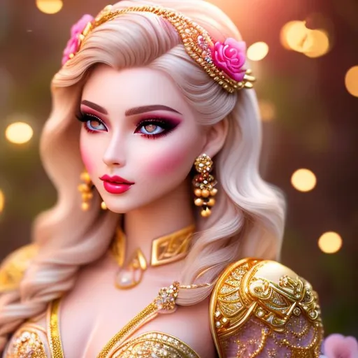 Prompt: Beautiful Woman, Pink Skin, Very Detailed Golden eyes Eyes, Cherry Lips, ((2k, 4k, 8k) Clear Quality, Very Detailed Gold Heart Earrings, Golden Hair, Princess Robe Outfit, Candyland Sunset Background