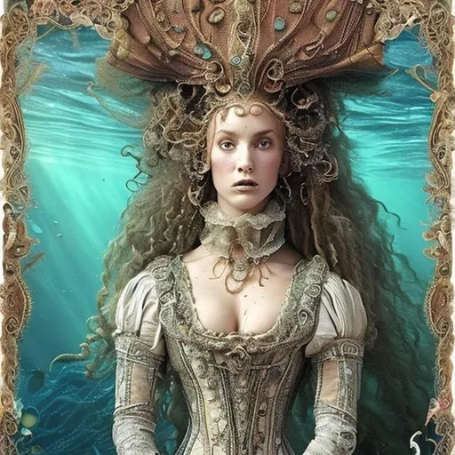 Prompt: woman in 16th century dress underwater.  hair, elaborate hair, fabric, lace, bubbles. jewels, queen.  deep water.