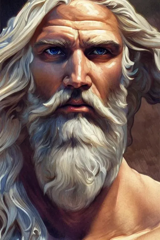Prompt: painted portrait of rugged zeus, god of thunder, greek god, white hair, masculine, powerful, handsome, upper body, white robe, muscular, hairy torso, fantasy, intricate, elegant, highly detailed, digital painting, artstation, concept art, smooth, sharp focus, illustration, art by gaston bussiere and alphonse mucha