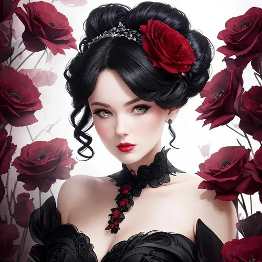 Prompt: Beautiful woman portrait wearing a black evening gown,  black hair, dark eyes, ruby jewelry,elaborate updo hairstyle adorned with flowers, facial closeup