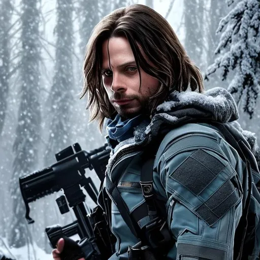 Prompt: Winter soldier with tactical clothes colored blue and grey with blonde curtain bangs in a winter forest sprinkled with snow high detail