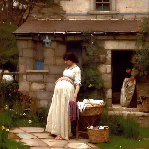 Prompt:  Woman doing washing clothes outside the cottage, pregnant, oil painting by John William Waterhouse 
 perfect composition, super detailed, high quality, trending art, trending on artstation, sharp focus