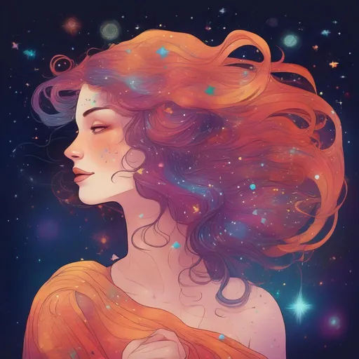 Prompt: Colorful and beautiful Persephone with hair that is made out of the stars and constellations