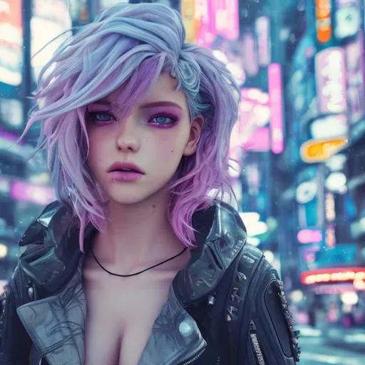 Prompt: New character. Pheromones. Young woman. beauty. Interesting eye makeup. Pastel coloured hair. Incredibly gorgeous. Sweet. Very Futuristic clothes. Realistic. Gritty. Detailed. Medium close-up. Neo Tokyo background