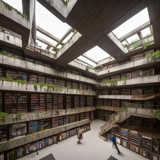 Prompt: a large multi story library filled with books and with brutalist architecture and lots of skylights and foot paths