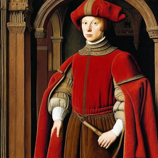 Prompt: a young man from medieval Burgundy,  full body, in the style of Jan van Eyck, very detailed
