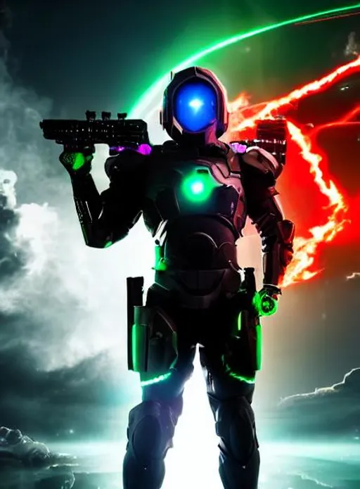 Prompt: a portait of a man, in cyber armor, holding a railgun, green eyes, red lining, explosion in background