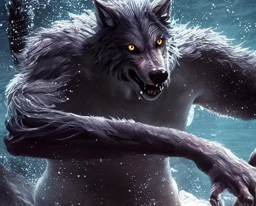 Prompt: a werewolf swimming underwater, cgsociety, video art, horror film, movie still, photo realistic