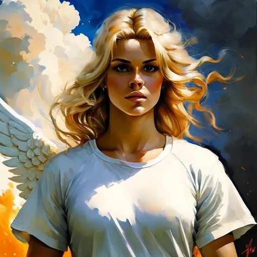 Prompt: Blonde haired angel standing on a battle field wielding a holy weapon.  