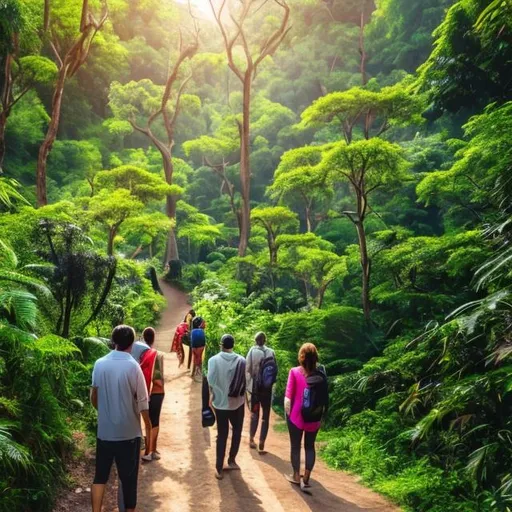 Prompt: a group of people walking in a hilly forest trail with lot of trees, flowery plants and a group of gracing dears