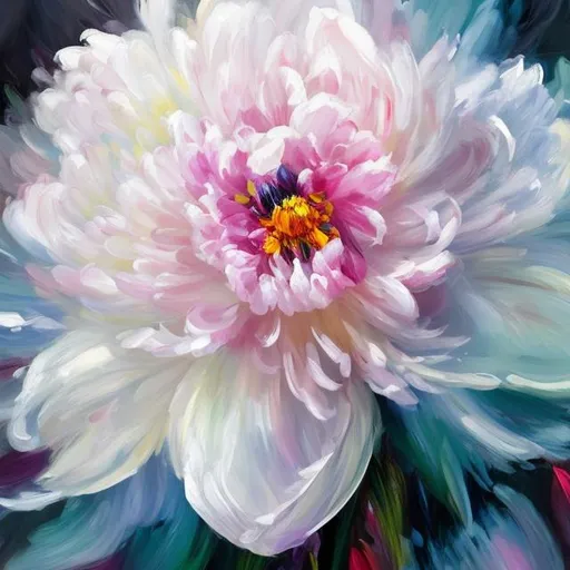 Prompt: PAEONIA ALERTIE realystic impressionist style 11 flowers bouquet ligthener white pink modern art style craced canvas dark background