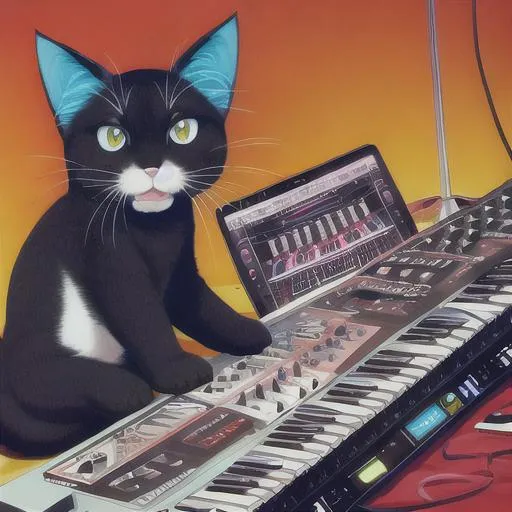 Prompt: Black and white kitty playing a synth. Digital drawing. 
