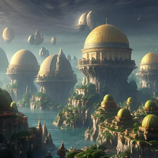 Prompt: Close caption of a fantasy world of floating cities protected by domes.
