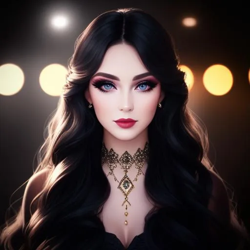 Prompt: Lady with  full, long black,wavy hair, pretty and stylish makeup, cinematic light,  fantasy