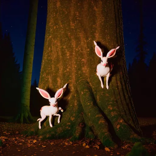 Prompt: highly detailed photograph of a sylveon on a tree trunk in a forest with moonlight in background, 8k