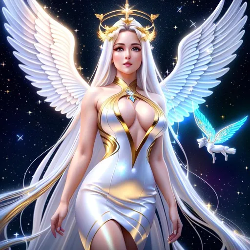 Prompt: A hyper realistic detailed full body image of a flying feminine ((sexy woman)) who has ((sparkling white in eyes)), ((magic angel white in hair)) with ((sexy outfit)) with a plunging neckline, angel wings, golden halo, balayage wild hair, fairy dust, shy cute posture and face expression, highly detailed, digital painting, Trending on artstation, HD quality, ((huge breast)), ((sexy))