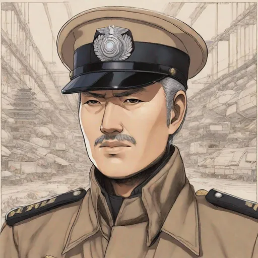 Prompt: Whole body full figure. From distance. a 45 years old scifi American officer in military uniform. he wears a japanase field cap on head. Khaki uniform. Anime art. Anime. Katsuiro Otomo art. Akira art. Leiji Matsumoto art. 2d art. 2d. well draw face. detailed.