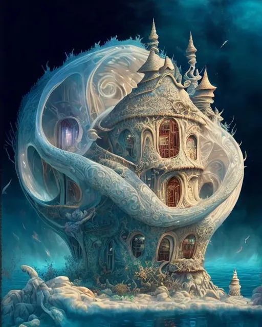 Prompt: a underwater house, made of a granulated seashell, intricate details, shimmer. art by James jean, Jacek yerka, Daniel Merriam, Dr Seuss, catherine abel.  Zbrush, vray tracing, chrome gradient colors. Highly detailed. Crispy quality.