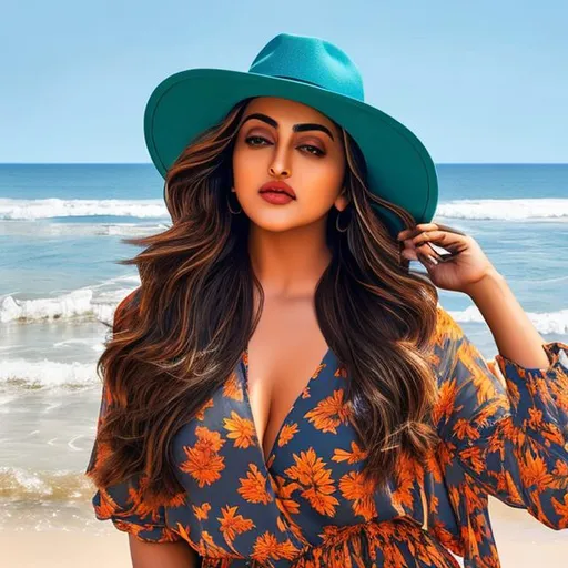 Prompt: long shot, full body ,  sea beach , hat, sunny , photo realistic , SonakshiSinha 