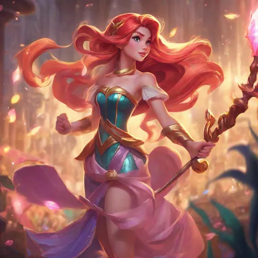 Prompt: Vivid, detailed, Disney art style, full body, Ariel Disney Princess, Hair part on left side, League of Legends style, fighting, dressed as Lux, holding staff