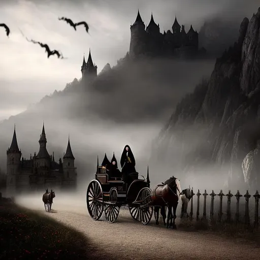 Prompt: ((Best Quality)), ((The masterpiece)), ((realistic)) ((victorian vampiric Dracula Gothic carriage)) with Mina Harper interior, Dracula's  Brides flying over trying to attack Mina, and  2 black horses pulling the carriage, in the fog year 1880, going to a ((Gothic Dracula Castle)), ((hightly detailed)), ((outstanding)), ((Cinematic )) ,((Gorgeus)), Realistic, HDR.