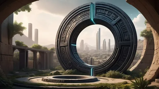 Prompt: magical portal between cities realms worlds kingdoms, circular portal, ring standing on edge, upright ring, freestanding ring, hieroglyphs on ring, complete ring, ancient babylonian architecture, gardens, turned sideways view, futuristic cyberpunk tech-noir setting