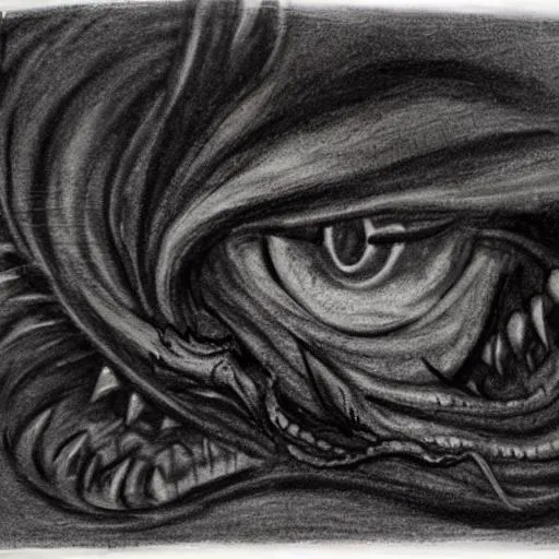 Prompt: charcoal drawing, Eldritch Horror, many eyes, sharp tooth smile