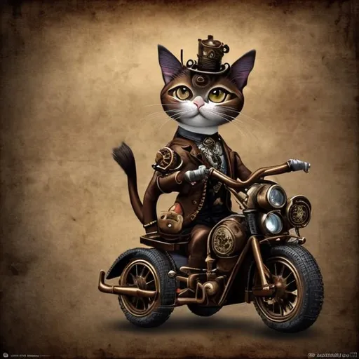 Prompt: Steampunk siamese cat riding a steam powered motorcycle. Steampunk City scape background,